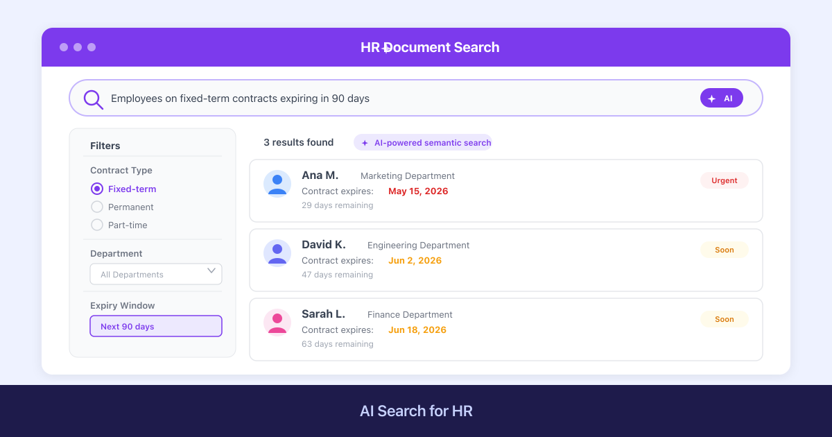 AI Search for HR: "Find All Employees on Fixed-Term Contracts Expiring in 90 Days" — No Spreadsheet Needed